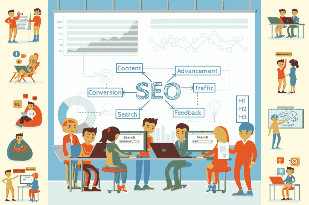 an illustration of seo services and icons